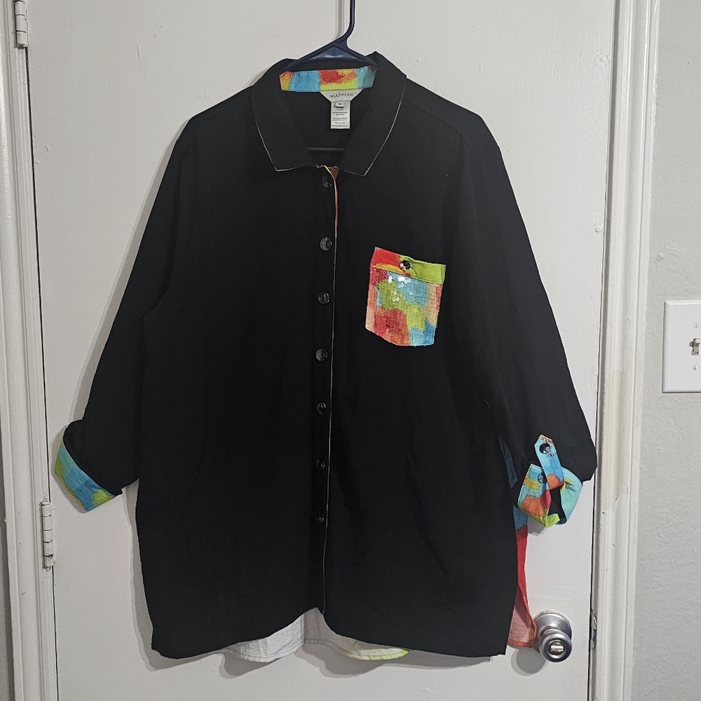 Multiples Women's Mixed Media Button-Down Shirt XL Black Roll Tab High-Low Artsy